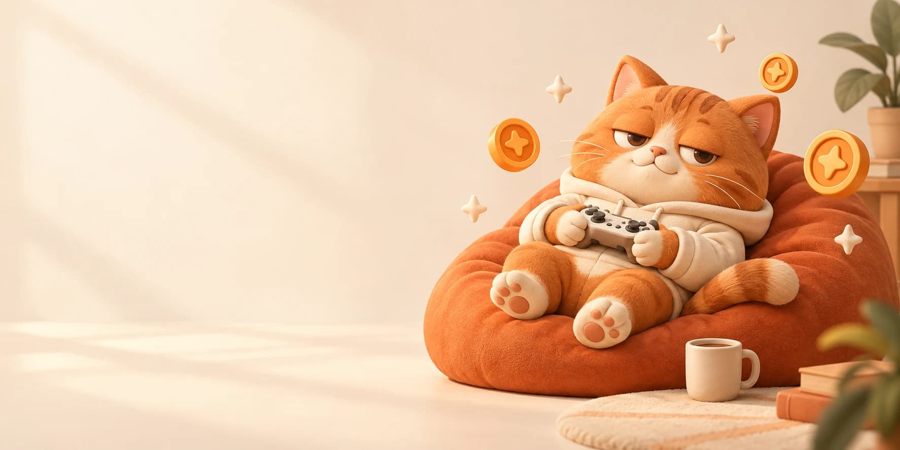 厭世貓咪抱著遊戲手把,舒服地窩在懶骨頭上